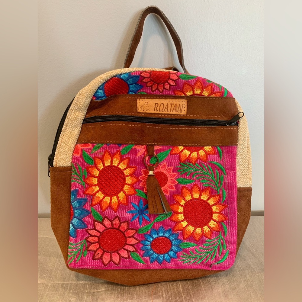 Colorful Floral Embroidered Guatemalan Backpack Bag -Guatemala Artists 12" X 12"